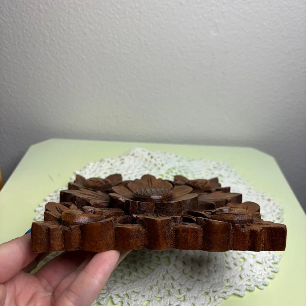 Wood Carved Flower Square Wooden Wall Plaque Boho Bali
